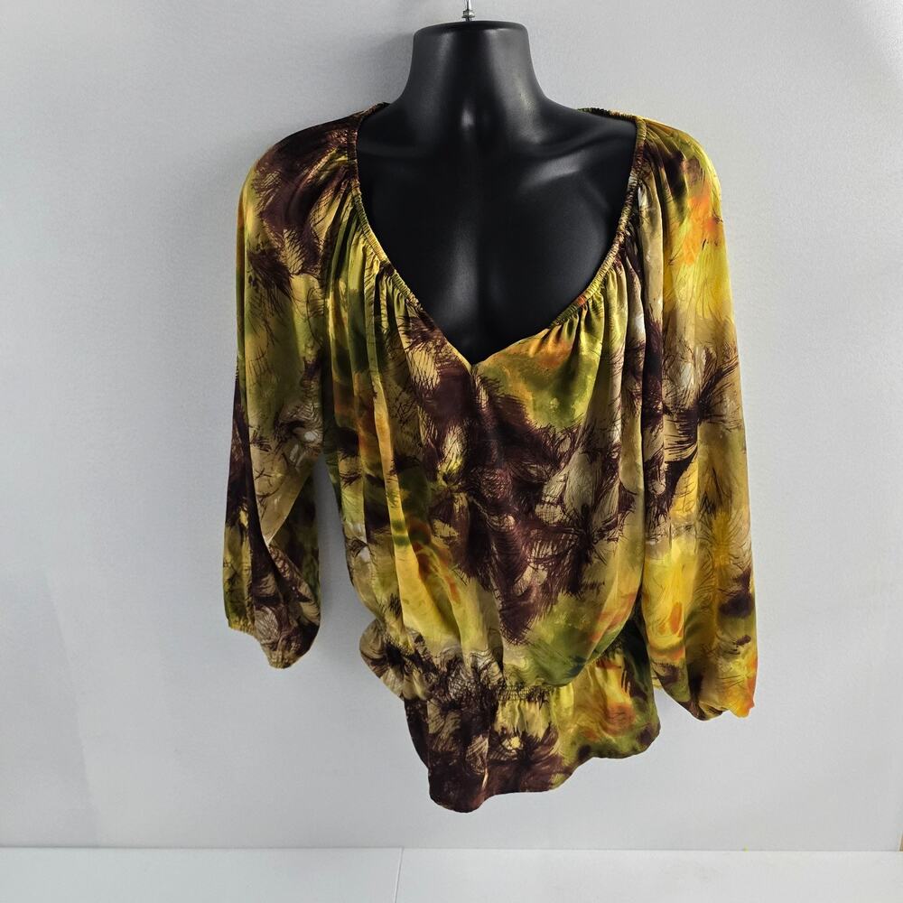 CJ Banks Women’s 1X Blouse Yellow Brown‎ Abstract Print Long Sleeve V-Neck 6444